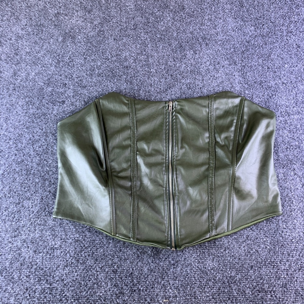 Fashion Nova Bondi Faux Leather Corset Top Womens M Olive Green Front Zip